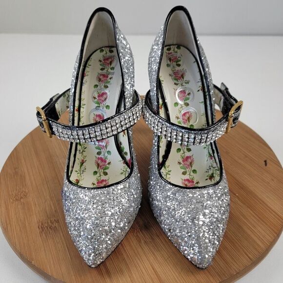 Gucci Calfskin Glitter Slyvie Mary Jane Pumps Argento Women Heels EU 38 US 7.5 - Picture 2 of 13